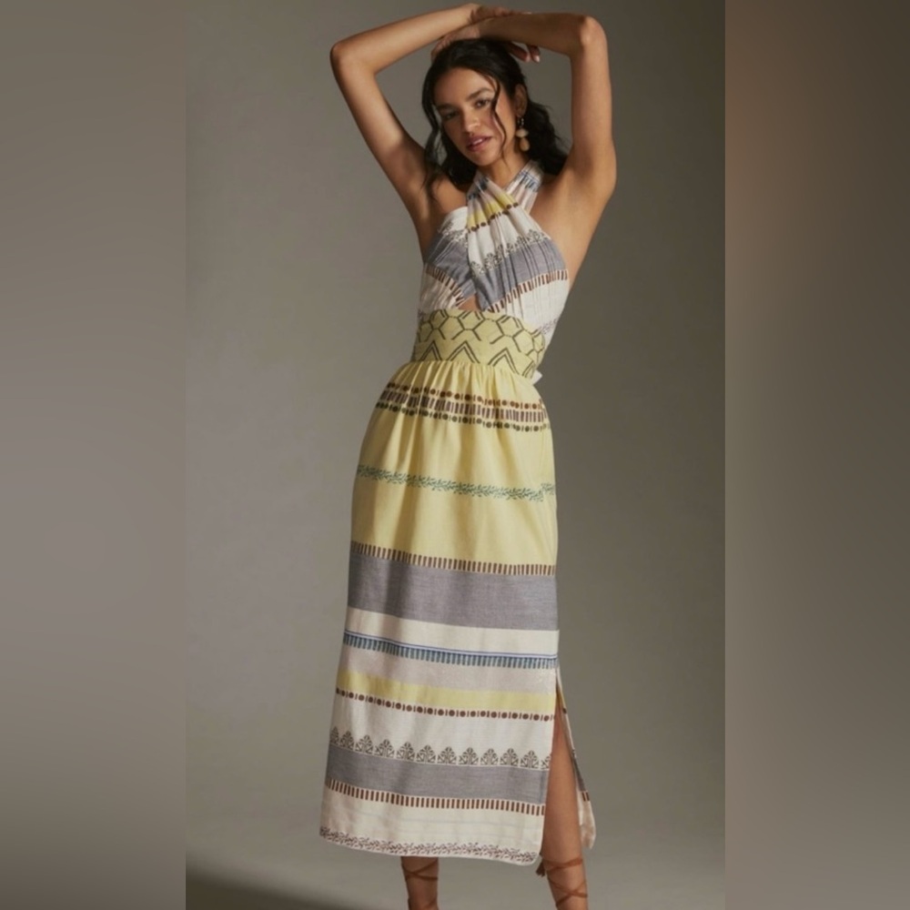Anthropologie Yellow and Gray Halter Sundress